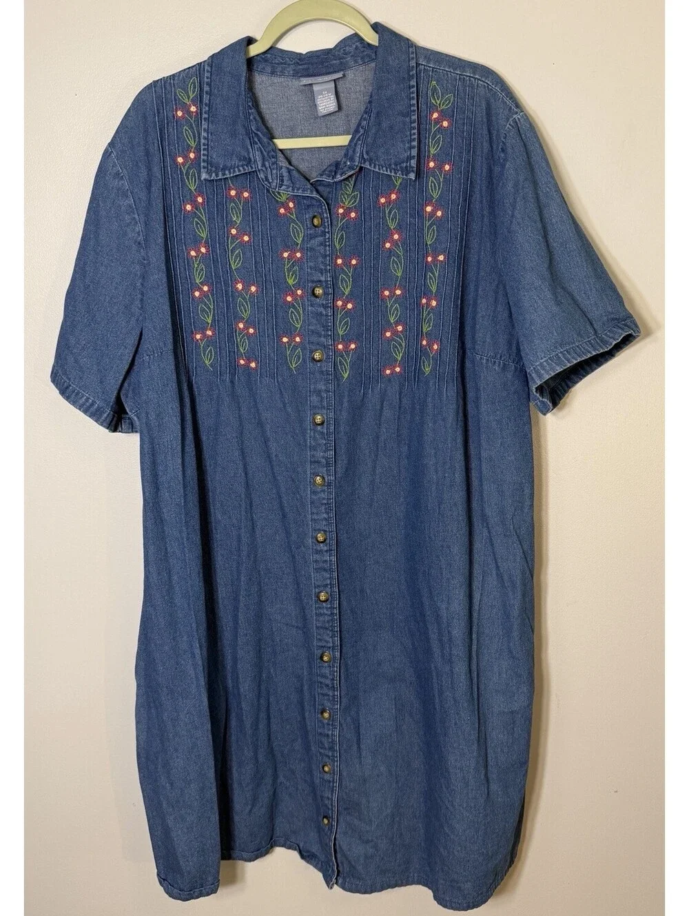 Liz & Me Floral Embroidered Button Down Casual Denim Shirt Dress Pockets 3X GUC